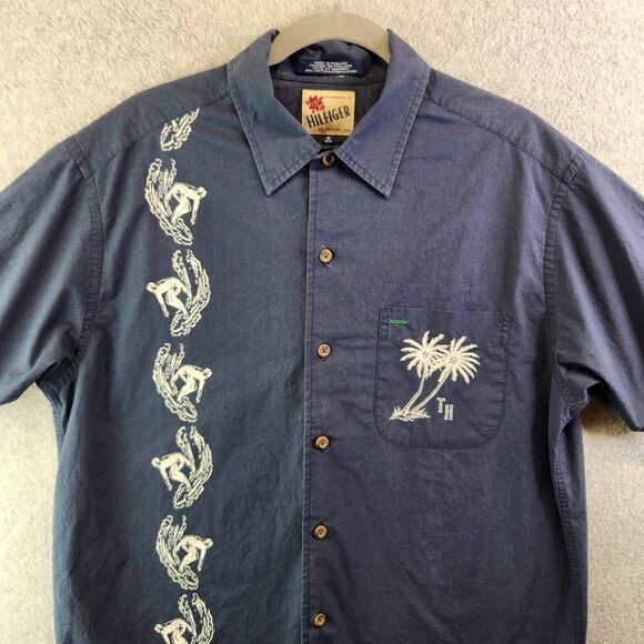 Tommy Hilfiger Hawaiian Shirt Mens Medium Blue Palm Trees Vintage Beach VTG - Picture 3 of 16